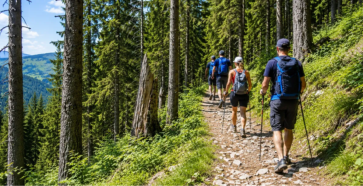 Four hikers with backpacks and trekking poles walking on a rocky forest trail surrounded by tall pine trees and lush green vegetation under a blue sky.