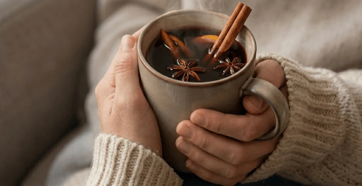 Hands wrapped in a knit sweater holding a steaming cup of spiced tea with cinnamon sticks and star anise floating on top.