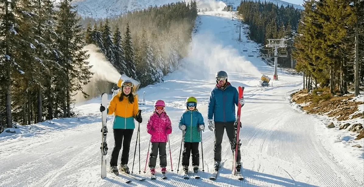 Family of four dressed in colorful ski gear standing on a snowy ski slope with ski poles and skis, surrounded by snow-covered trees and ski lifts in the background.